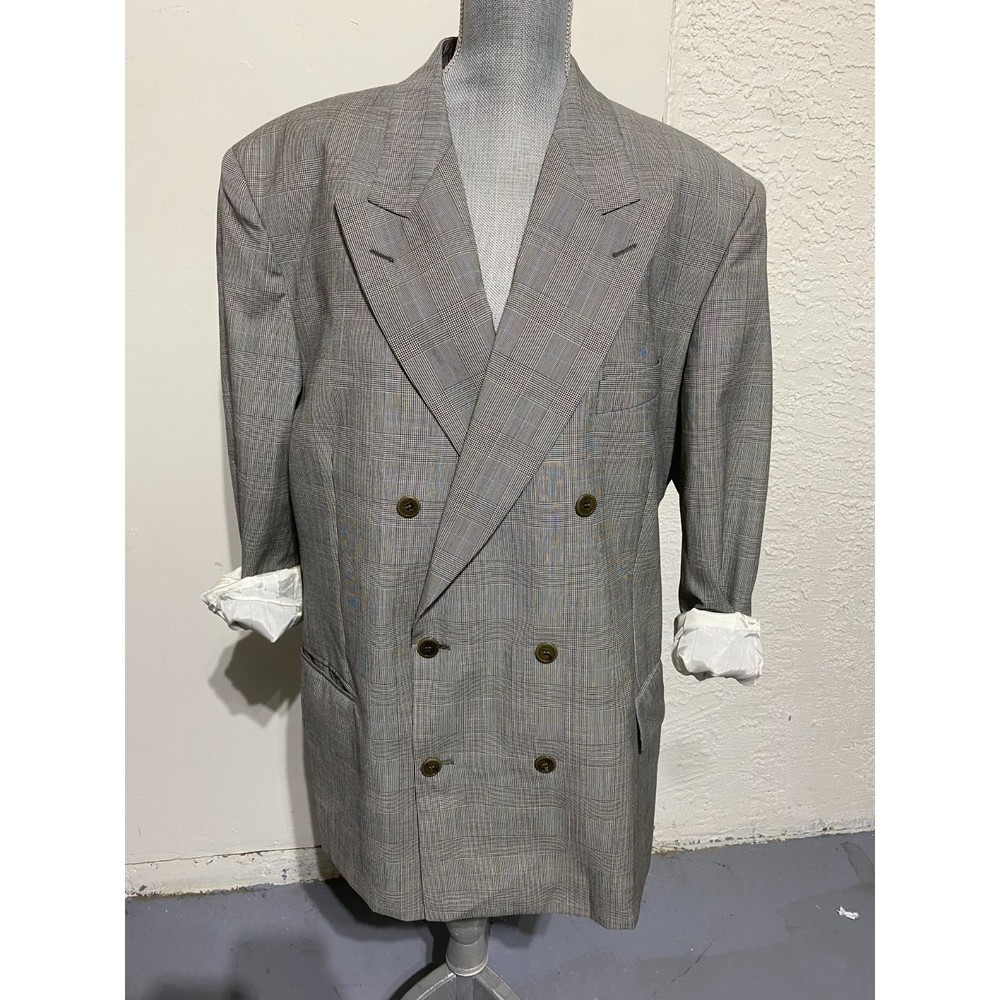 Gray Double-Breasted Checked Blazer - Merino Extrafine Wool Size 44R/XL Regular